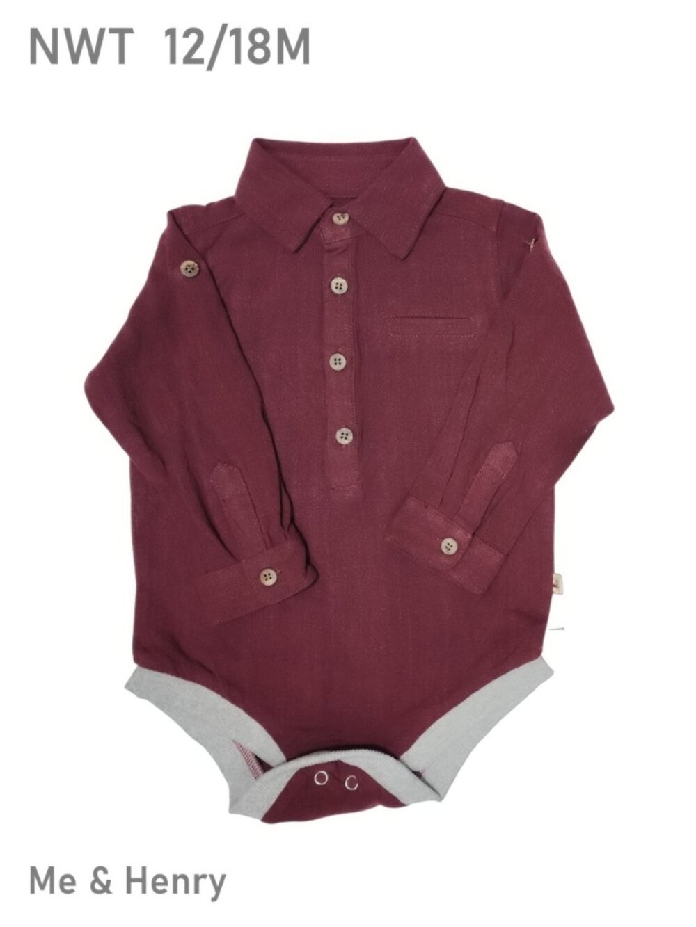 Me & Henry Deep Red/Burgundy Woven Long-sleeve Cotton Bodysuit 12/18M